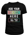 Black t-shirt with text 'Add your design here' on a white background