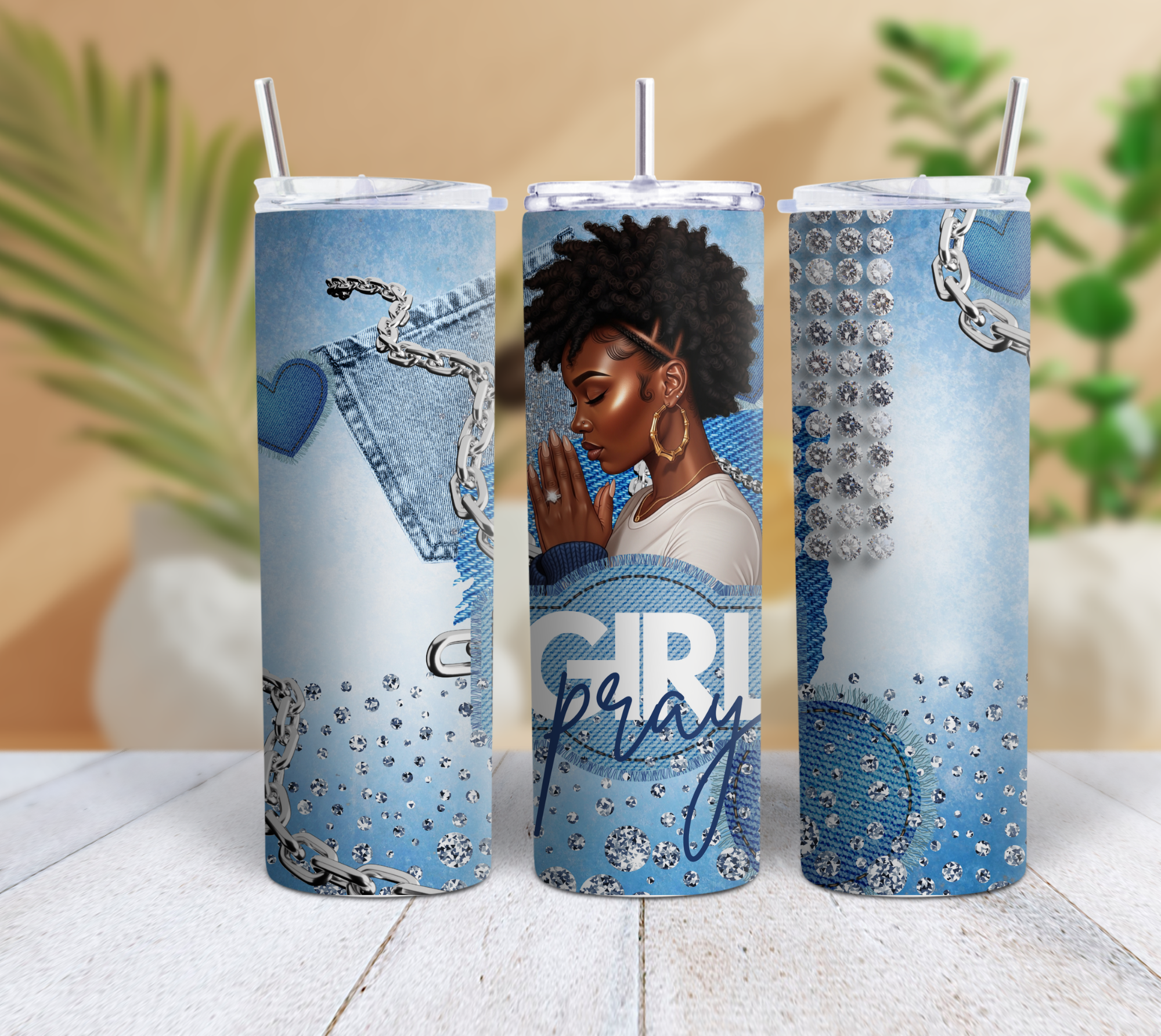 Pray Girl Denim Rhinestone 20oz Skinny Tumbler | Inspirational Faith Tumbler with Straw