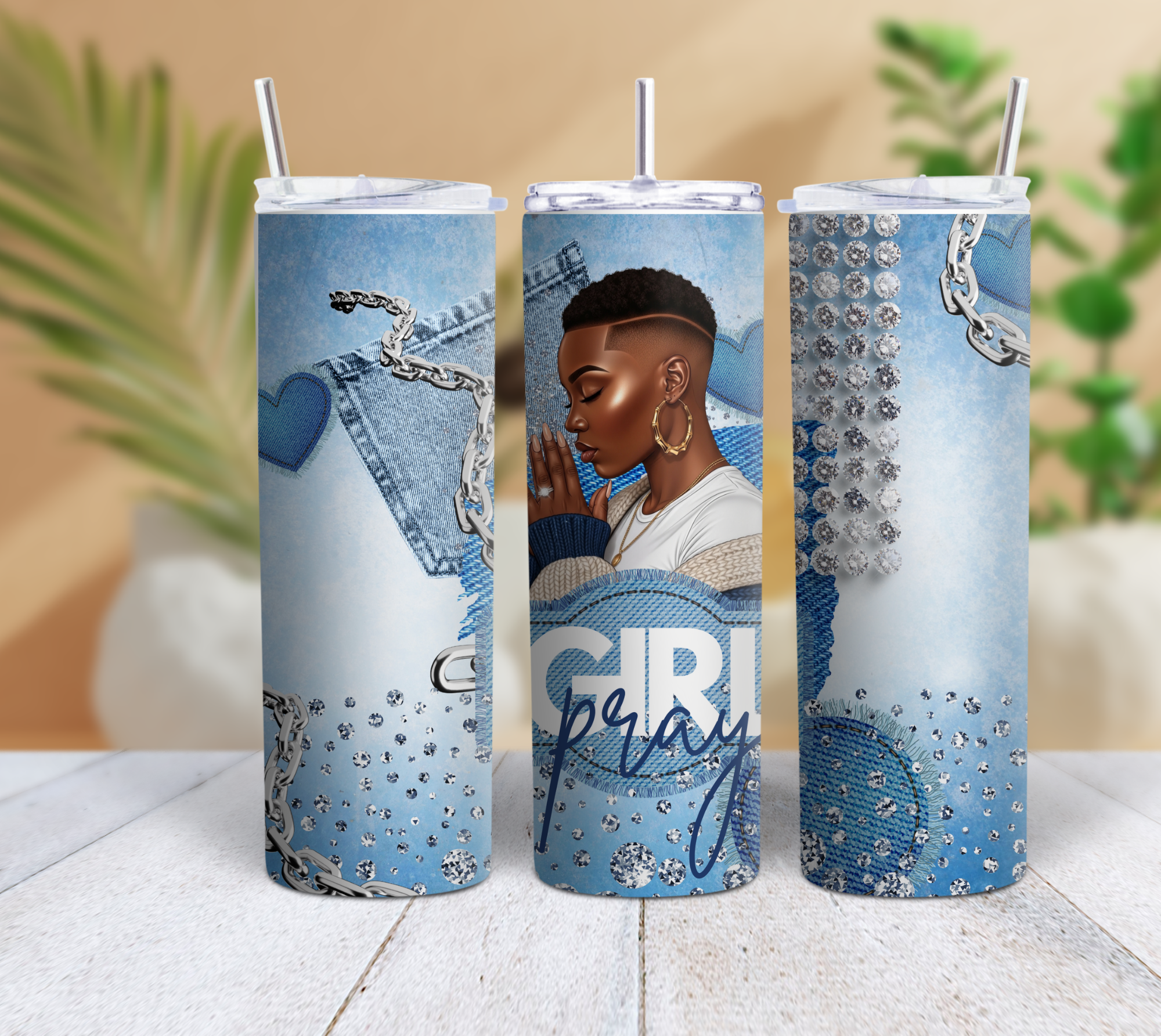 Pray Girl Denim Rhinestone 20oz Skinny Tumbler | Inspirational Faith Tumbler with Straw