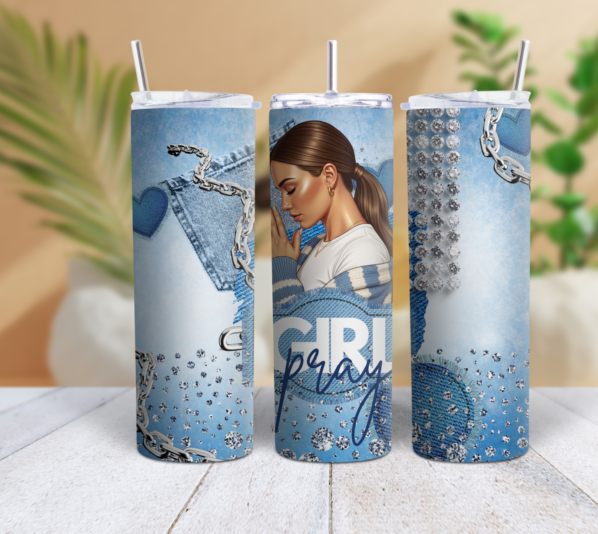 Pray Girl Denim Rhinestone 20oz Skinny Tumbler | Inspirational Faith Tumbler with Straw