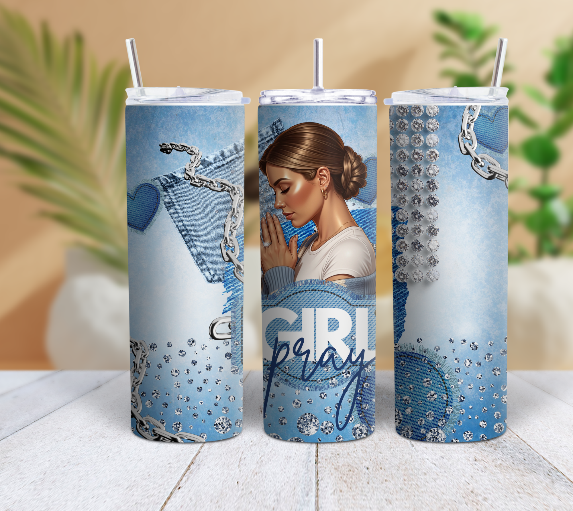 Pray Girl Denim Rhinestone 20oz Skinny Tumbler | Inspirational Faith Tumbler with Straw