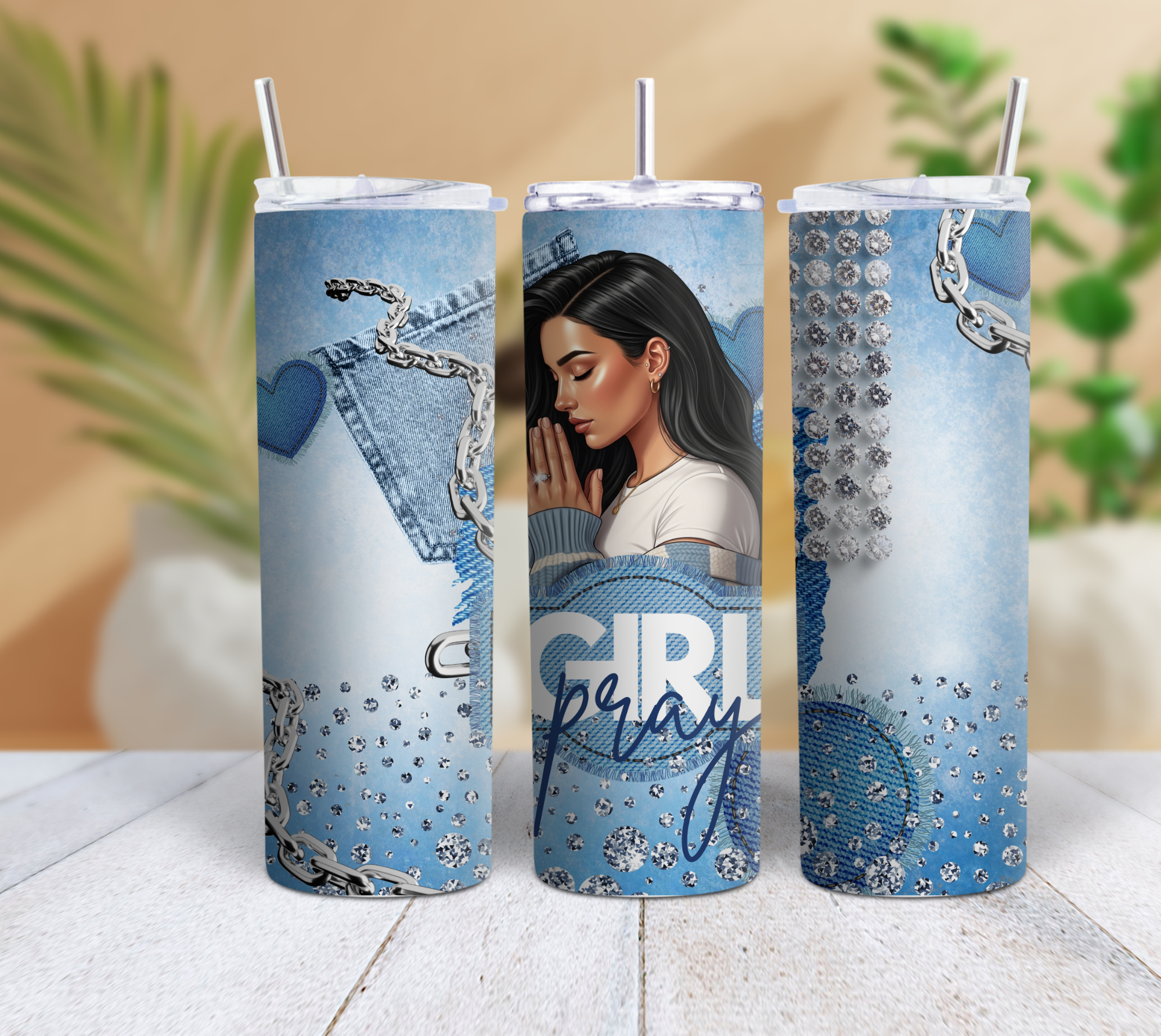 Pray Girl Denim Rhinestone 20oz Skinny Tumbler | Inspirational Faith Tumbler with Straw