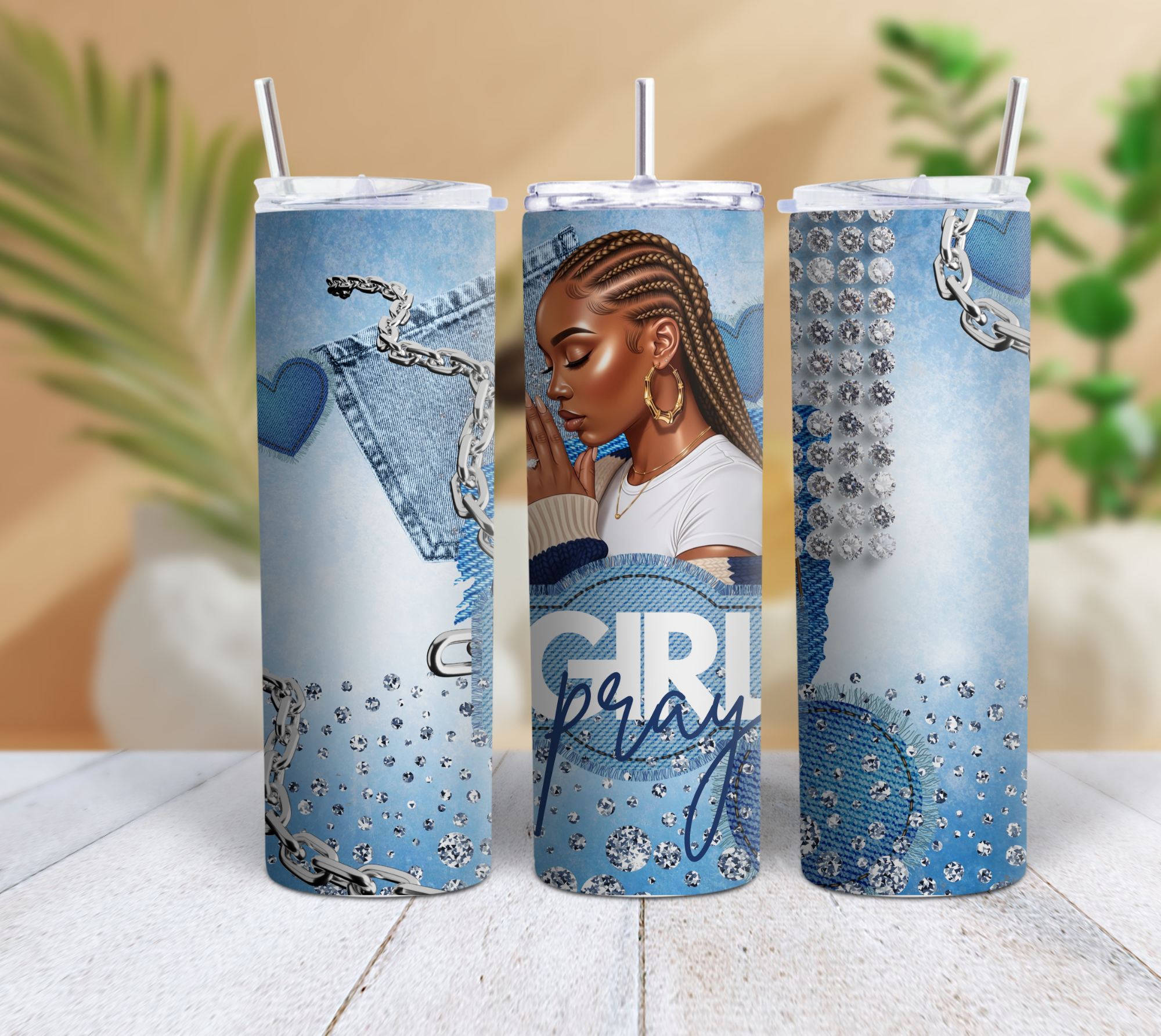 Pray Girl Denim Rhinestone 20oz Skinny Tumbler | Inspirational Faith Tumbler with Straw