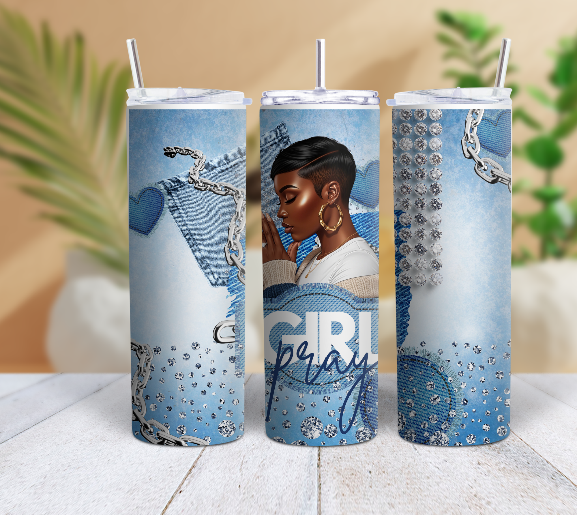 Pray Girl Denim Rhinestone 20oz Skinny Tumbler | Inspirational Faith Tumbler with Straw