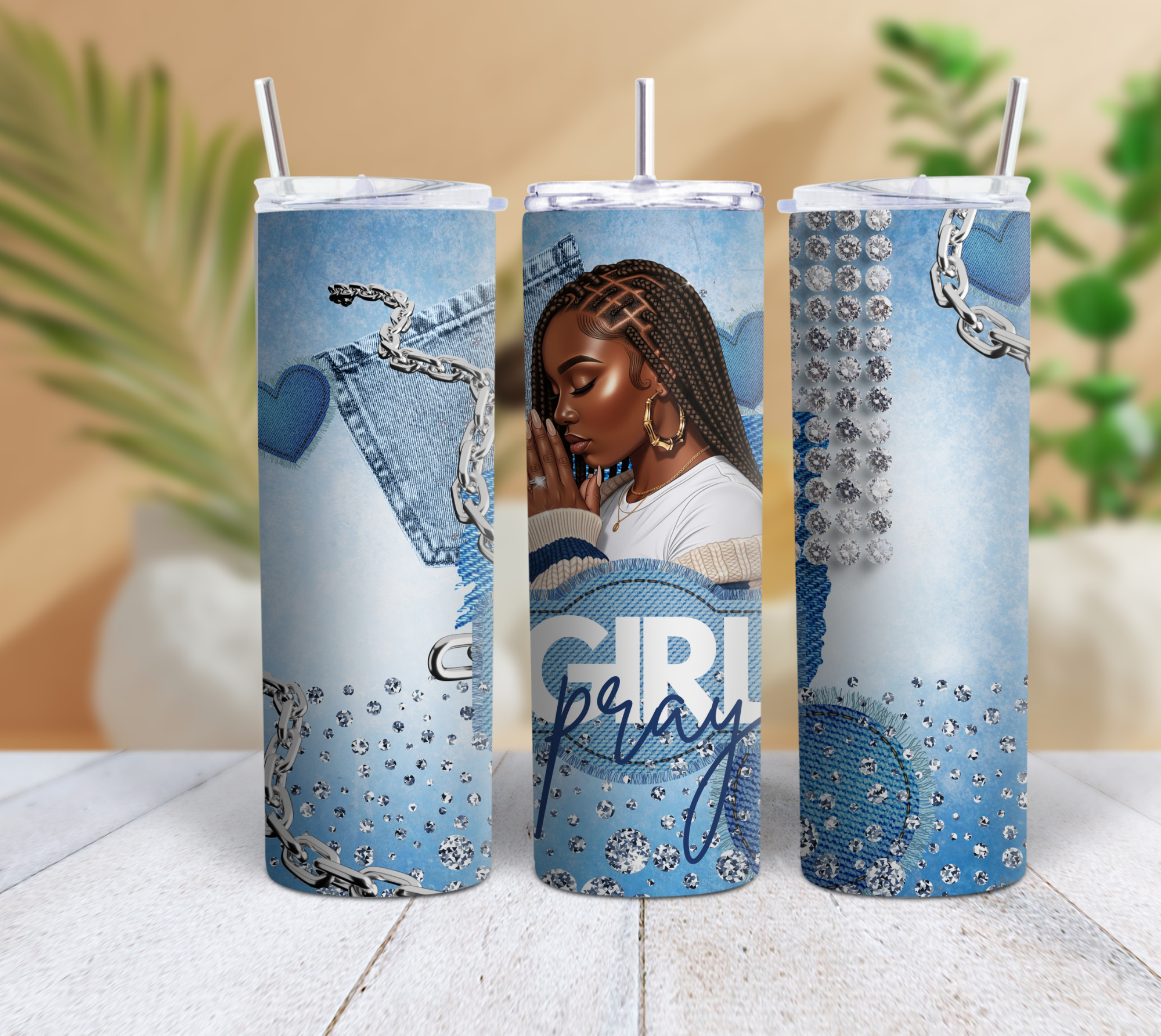 Pray Girl Denim Rhinestone 20oz Skinny Tumbler | Inspirational Faith Tumbler with Straw